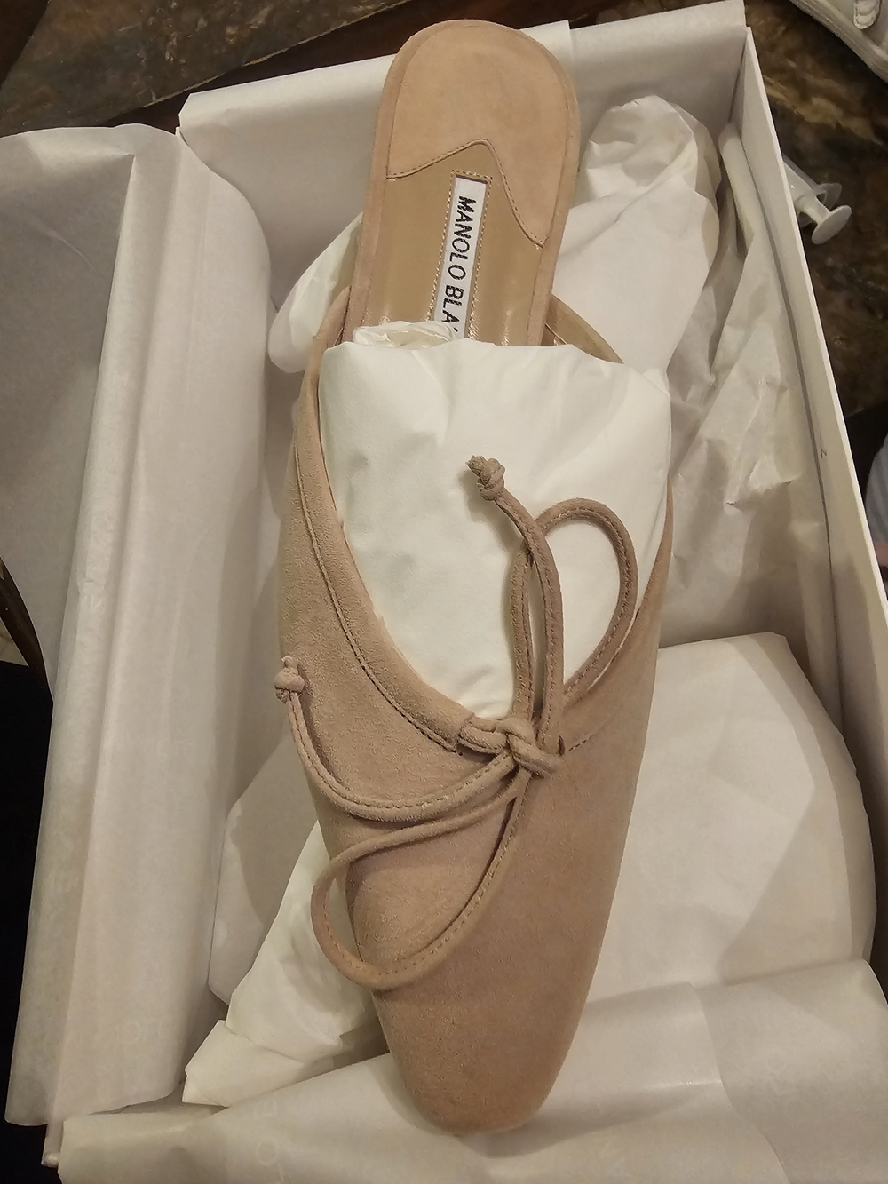 Manolo Blahnik Beige Suede Slip-On Mule with Bow Detail